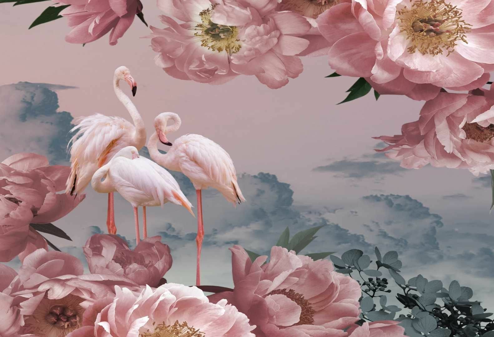 FLAMİNGOLAR RENKLİ ÇİÇEKLER 3D DUVAR POSTERİ