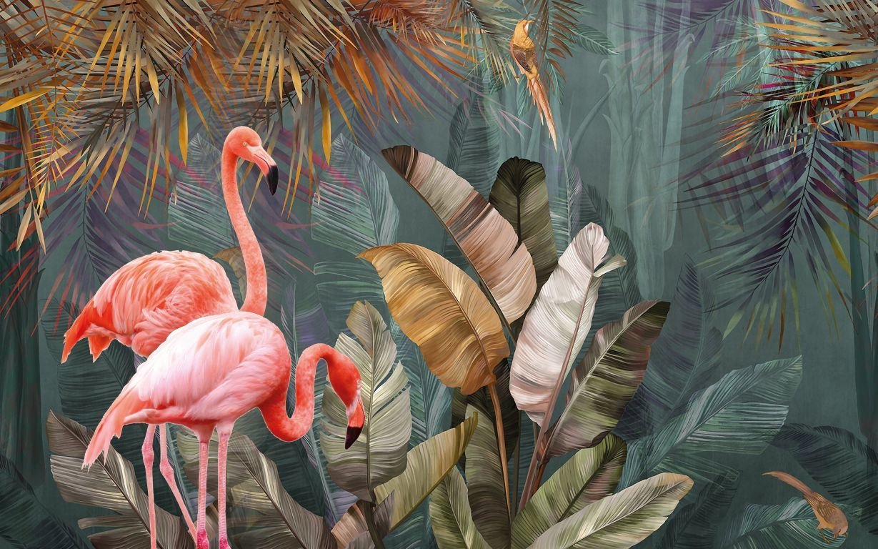 RENK SEÇİMİ İLE BİRLİKTE TROPİK TÜYLER 3D DUVAR POSTERİ Flamingo Modeli