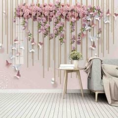 PEMBE GÜL VE KELEBEKLER DUVAR POSTERİ