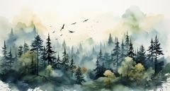 GÖKYÜZÜNDE UÇAN KUŞLAR VE ORMAN ÇİZİMİ DUVAR POSTERİ