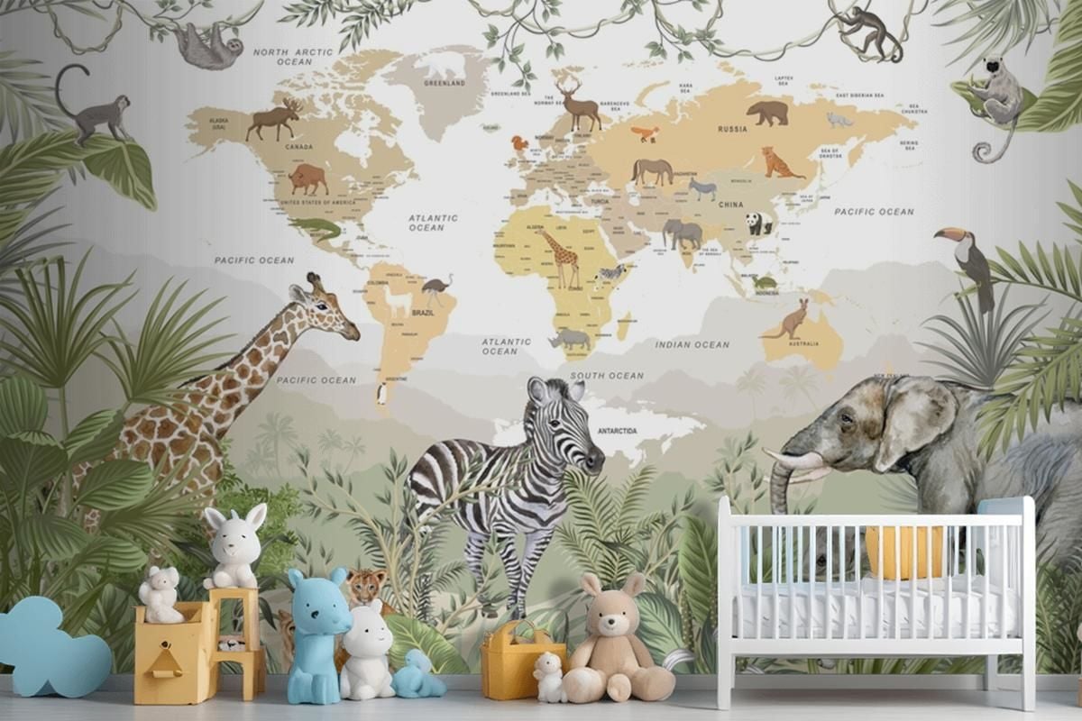 TROPİKAL HAYVANLI DÜNYA HARİTASI ÇOCUK ODASI DUVAR POSTERİ