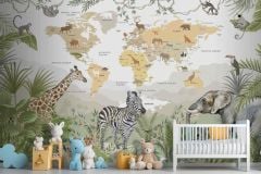 TROPİKAL HAYVANLI DÜNYA HARİTASI ÇOCUK ODASI DUVAR POSTERİ