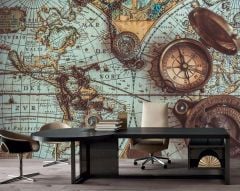 PUSULALI ESKİTME DÜNYA HARİTASI DUVAR POSTERİ