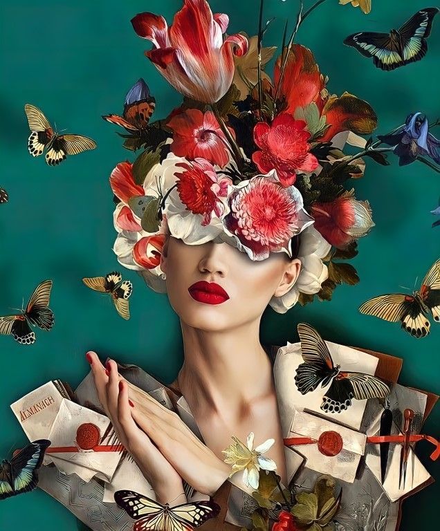 ÇİÇEKLİ KELEBEKLİ KADIN DUVAR POSTERİ